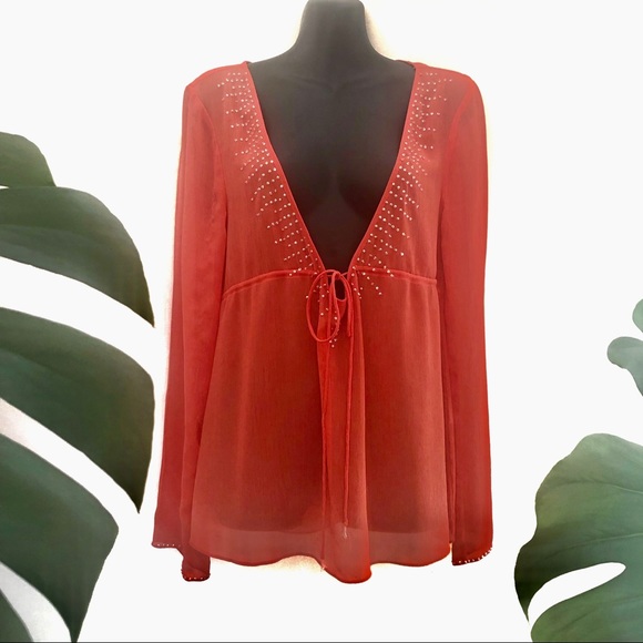 just Jeans Tops - Just Jeans Sheer Orange Top Long Sleeve Deep V Neckline clear crystal detail